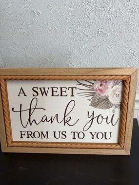 A Sweet Thank You Framed Sign - Cream & Brown with Blush Floral